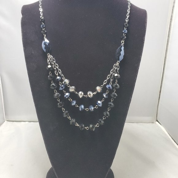 Hematite antique silver  link chain pewter/ silver beaded 3 row layered necklace - Picture 1 of 7